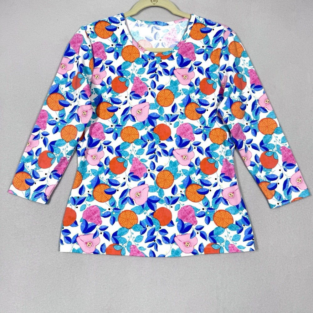J McLaughlin Top Womens Medium Catalina Cloth 3/4 Sleeve Fruit Print Orange Pear